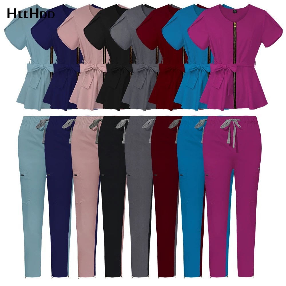 

Nurse Uniforms Women Short Sleeved Zipper Tops with Belt Working Uniforms Scrubs Workwear Nursing T-shirts and Zipper Cuff Pants