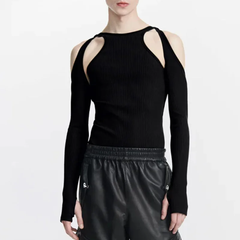 

Summer spring sexy men black knitted long-sleeve top Hollow out plus size shirt cut-out party club t-shirt