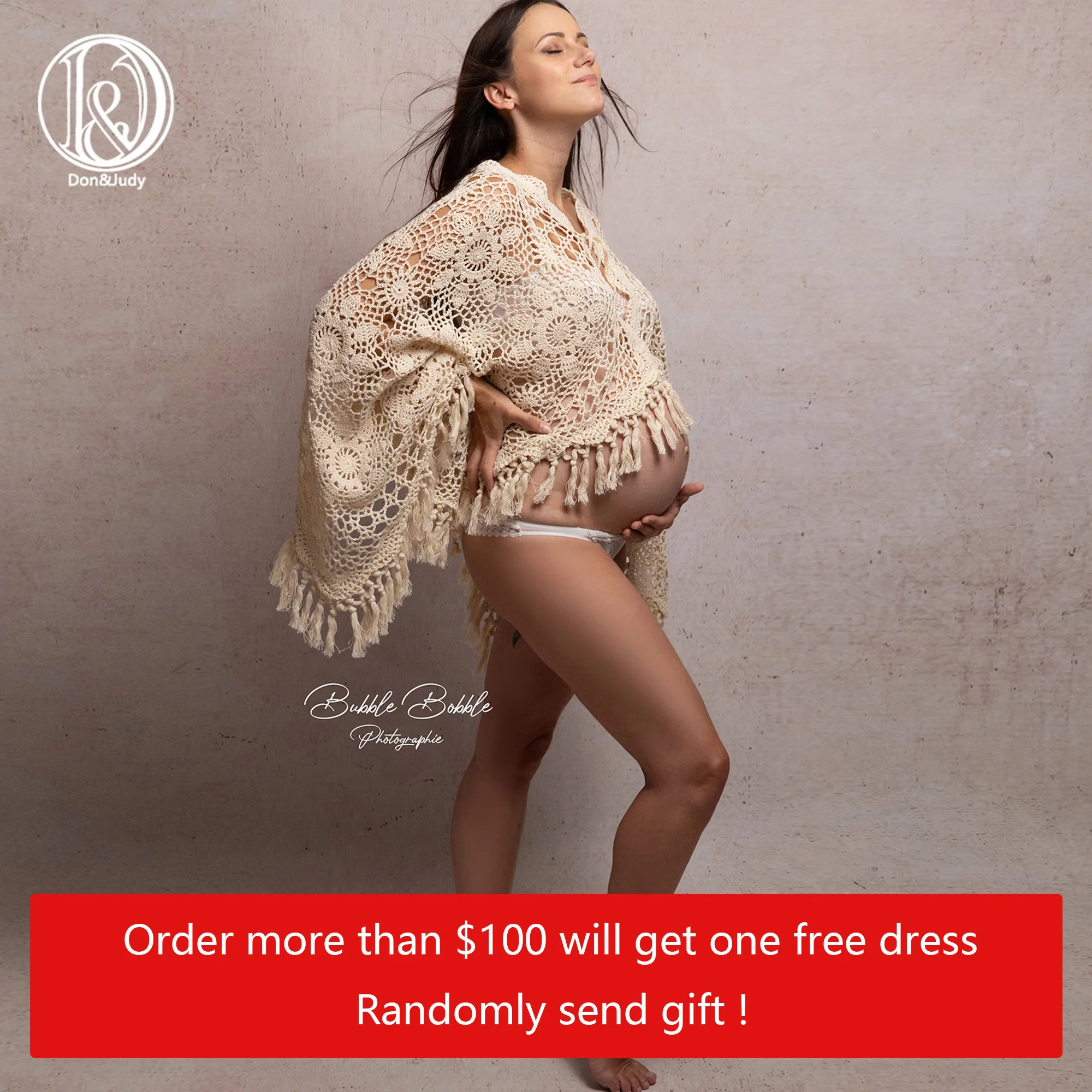 Don&Judy Crochet Cotton Cape Maternity Clothing Photoshoot for Pregnancy Women Tippet Dress Sexy V Neck Photography Accessories
