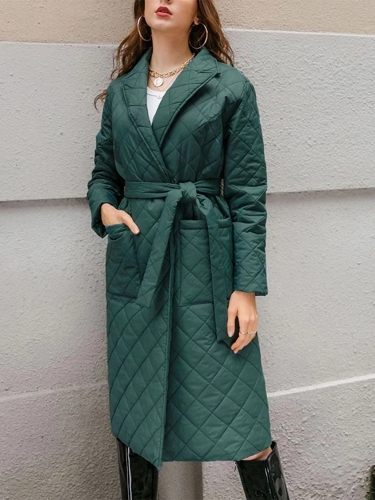GOPLUS Cotton-Liner Long Jacket Tops Women Autumn Winter Belted Thick Padded Parkas Female Casual Quilted Coats 2022 Overcoat