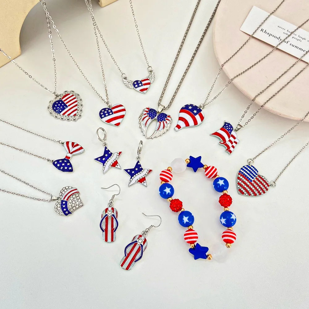 American USA Flag Star Diamond Wings Heart Pendant Necklaces for Women 4th of July Independence Day Earrings Women Jewelry Set