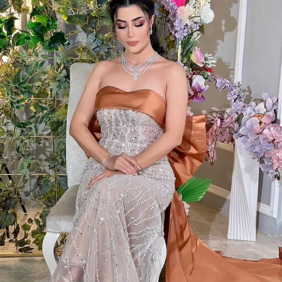 

Strapless Floor Length Evening Dresses Rhinestone Beaded Prom Dresses Saudi Arabia Women's Formal Dress New Cocktail Gowns 2023