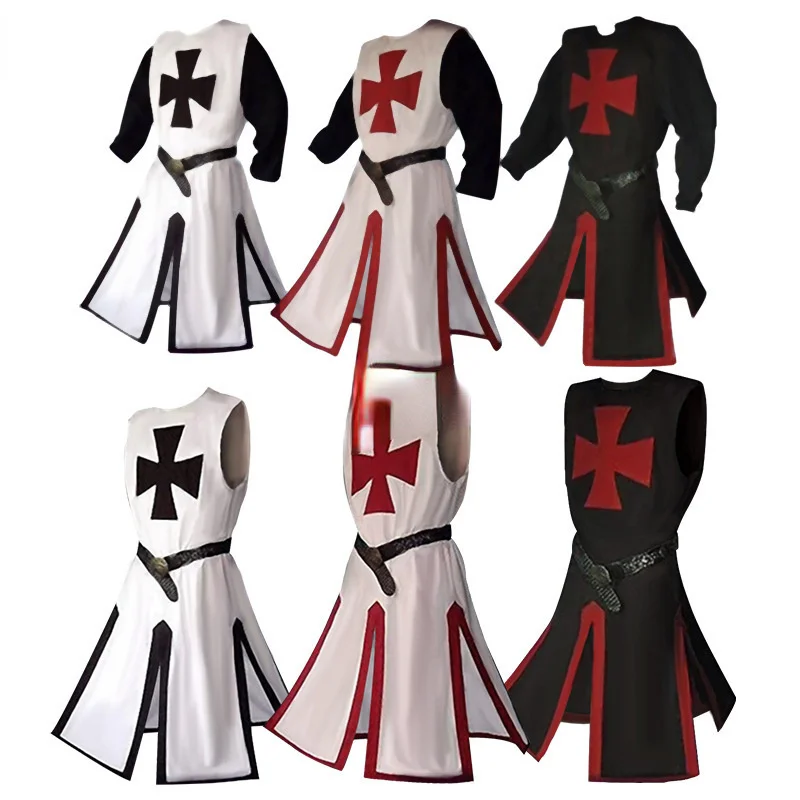 

Plus Size Men Medieval Cosplay Robes Templar Knight Crusader Surcoat Long Sleeve Short Sleeve Mens Tops Reenactment Costume