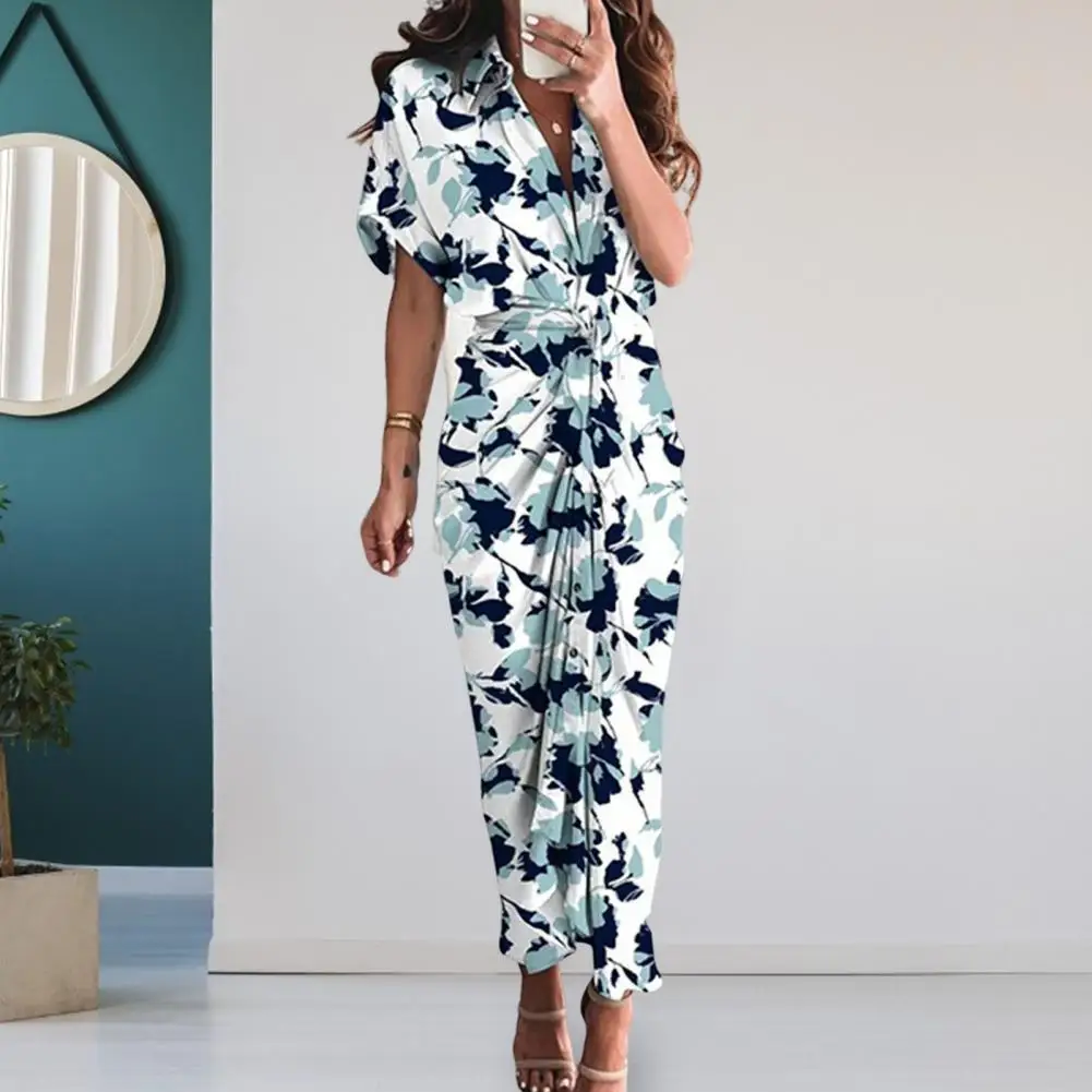

Soft Texture Stylish Summer Elegant Pattern Print Party Dress Lace-up Party Dress Turn-Down Collar Female Clothing