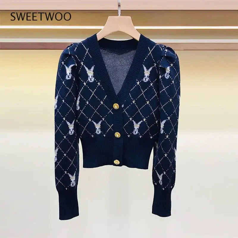

High Quality Fashion Women Autumn Winter Vintage Sweet Cute Rabbit Lady V-Neck Thick Knitted Cardigan Sweater Jacket Coat Tops