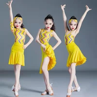 summer new yellow childrens professional latin dance costumes girls latin dance top split dance skirt performance costumes