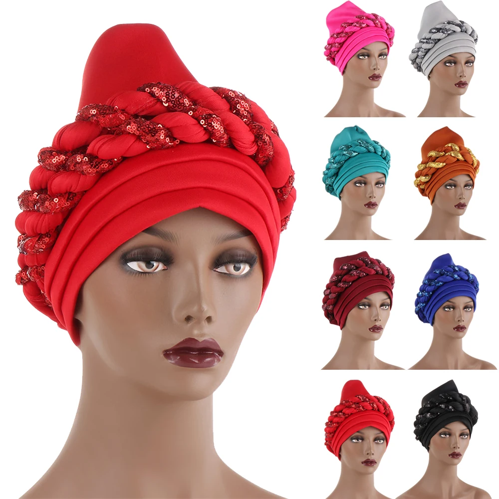 

2023 New Sequin Braids Turban African Auto Gele Headtie Aso Oke Nigeria Women Cap Muslim Hijab Headscarf Bonnet Hat Already Made