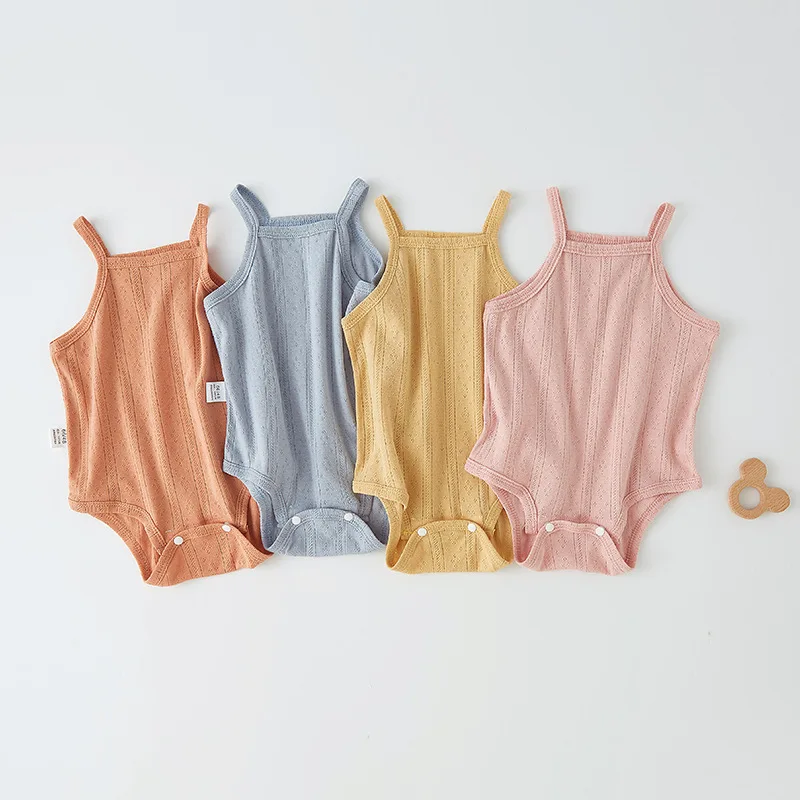 

French Baby Sling Romper Summer Thin Hollow Cool Breathable Solid Color Pajamas Newborn Infant Vest Sleeveless Jumpsuit Clothes