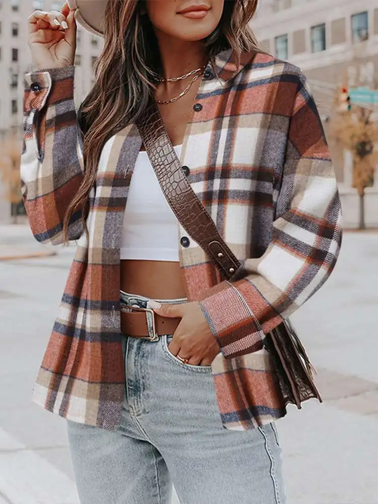 

Women Fashion Plaid Jackets Autumn Vintage 2022 Celmia Long Sleeve Brushed Overshirts Casual Lapel Lightweight Outwear Oversized
