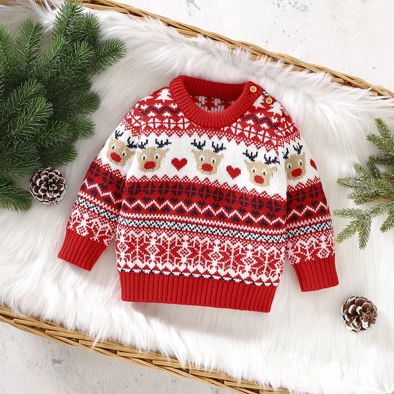 

Newborn Baby's Clothes Christmas Sweater Patchwork Crew Neck Long Sleeve Knitted Jumper Tops for Babies 6 Months to 3 Years