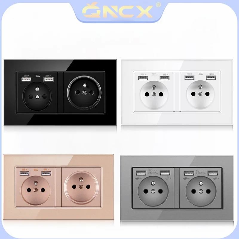 

QNCX Wall Power Socket 16A Grounded French Plug with USB Socket Plate European Standard Outlets French Crystal Glass Panel Plug