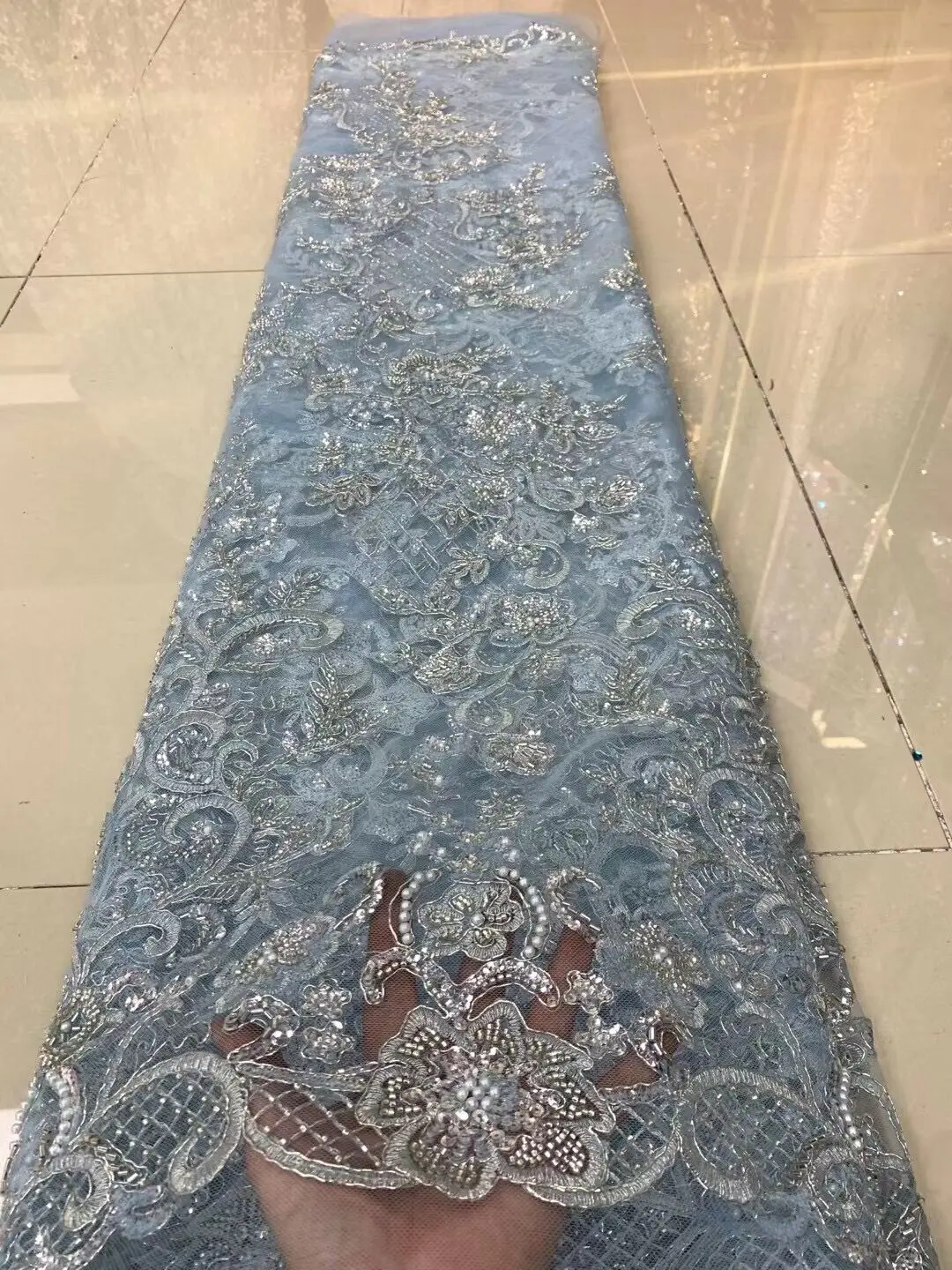 

African Lace Fabric with beads and Sequins ZH-12062811 Nigerian Lace Bridal High Quality French Tulle Lace Fabric For Wedding