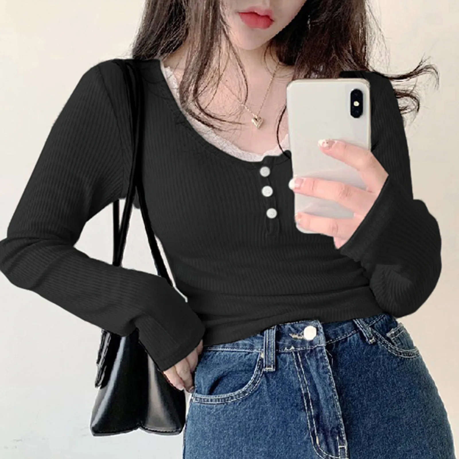 

Women's U Neck Button Lace Bottom Top Fashion Slim Shirts for Women Casual Womens Cold Gear Long Sleeve Women's Casual Shirts