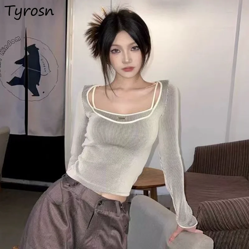 

Футболки женские полосатые для студентов, 2 предмета, дизайнерские сексуальные повседневные специальные узкие простые весенние шикарные к...