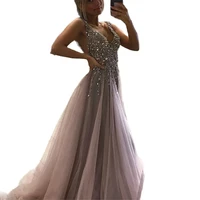 a line open back tulle prom dress v neck prom dress sexy long formal dresses long tulle top beading sexy grey evening dress