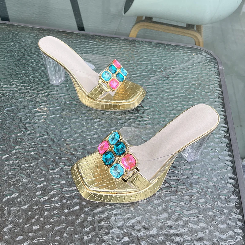 2023 Women's Summer High Heel Slide Mule Lady Cinderella Crystal Diamond Transparent Slippers Sandals Transparent High Heels