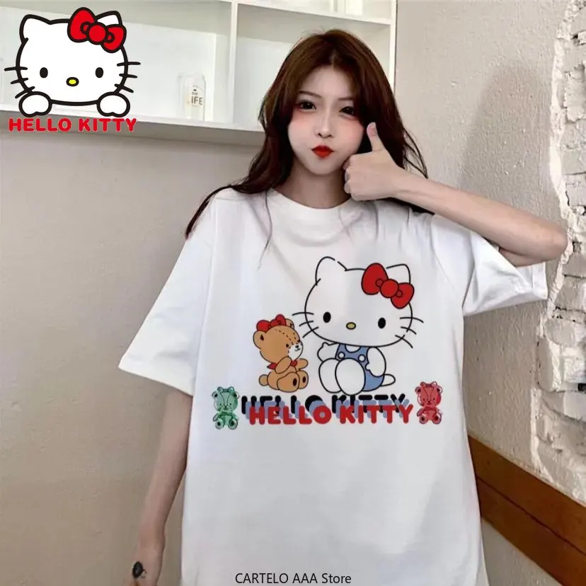 

Hello Kitty Top Clothes Women Kawaii Japanese Anime Kuromi Shirt Y2k T-shirt Couple Harajuku Goth Loose Short Sleeve Tshirt Crop