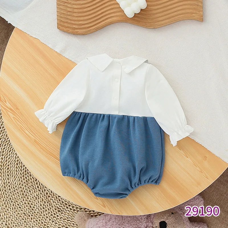 2022 Spring Family Matching Sister Clothes Long Sleeves White Blue Patchwork Bodysuit+Princess Baby Dress Twins Outfits E9190 |