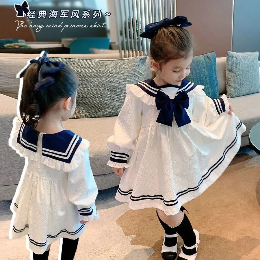 

Children's 2022 New Girls' Spring Autumn Long Sleeved Puffy Dress Elegant Baby Princess Little Girls Clothing Navy Collar Skirt