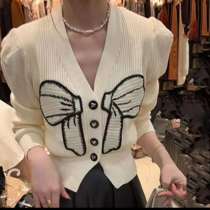 

Cardigan sweater V-neck Embroidered Bow Sweater Coat Women Cardigan 2023 Autumn and Winter Lazy Sweater Women Cardigan Tops