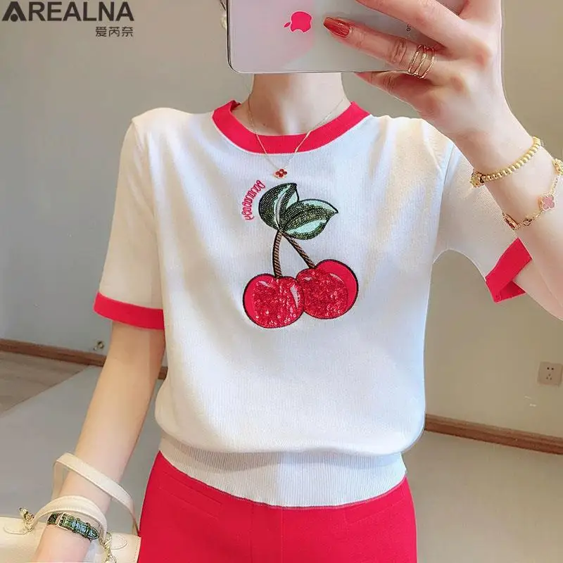 

Sequin cherry embroidery Knitwears 2023 summer Crew Neck short sleeve Stylish Knit Sweater Tshirt tops thin Pullovers Jumpers