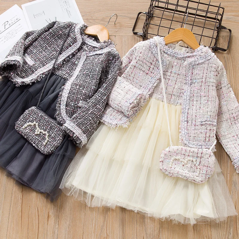 

Long New Girl Clothing Sets Sleeve Frill O-neck Knapsack Princess Dress Spring Autumn Fashion Children Clothes Three Piece Set