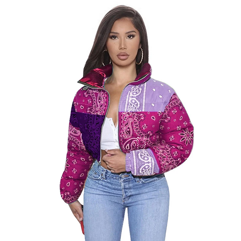 Women 2021 Winter Fashion Warm Parkas Casual Zipper Up Puffer Outerwear Bandana Coats Floral Printed Bubble Jackets for Female