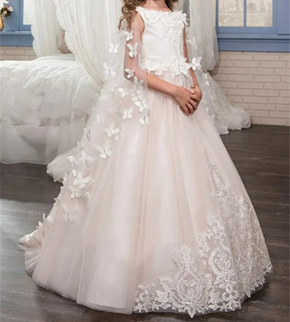 

2022 Flower Girl Dresses for Wedding Butterfly Princess Tutu Lace Appliqued Lace Up Vintage Girl First Communion Dress