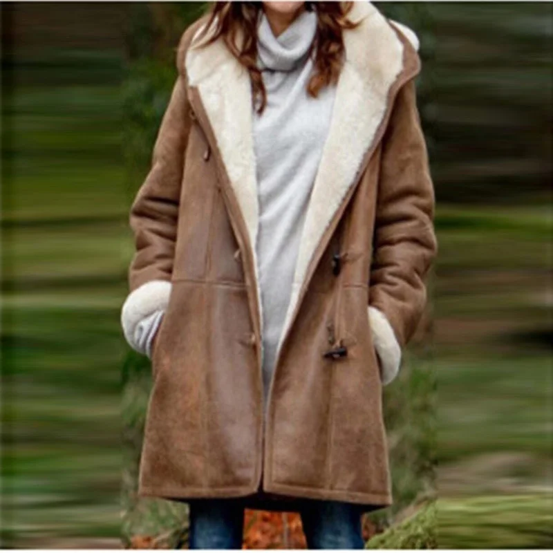 

2023 Autumn/winter fashion new coat,simple style solid color casual button cardigan warm medium and long hooded women's coat