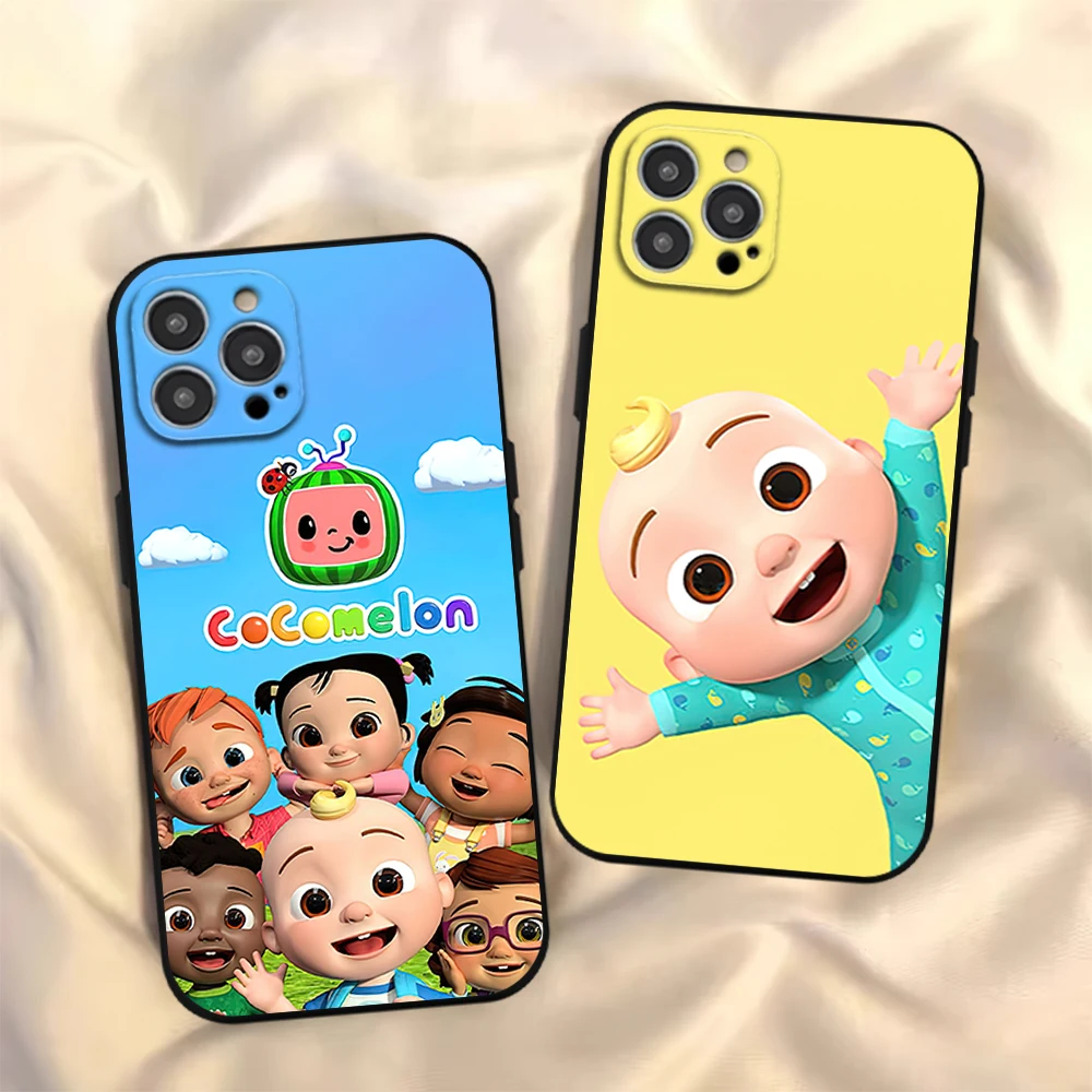 Cartoon C-CoComelons Phone Case for iPhone 12 11 13 14 15 16 Max Pro Plus Black Soft Silicone Cover