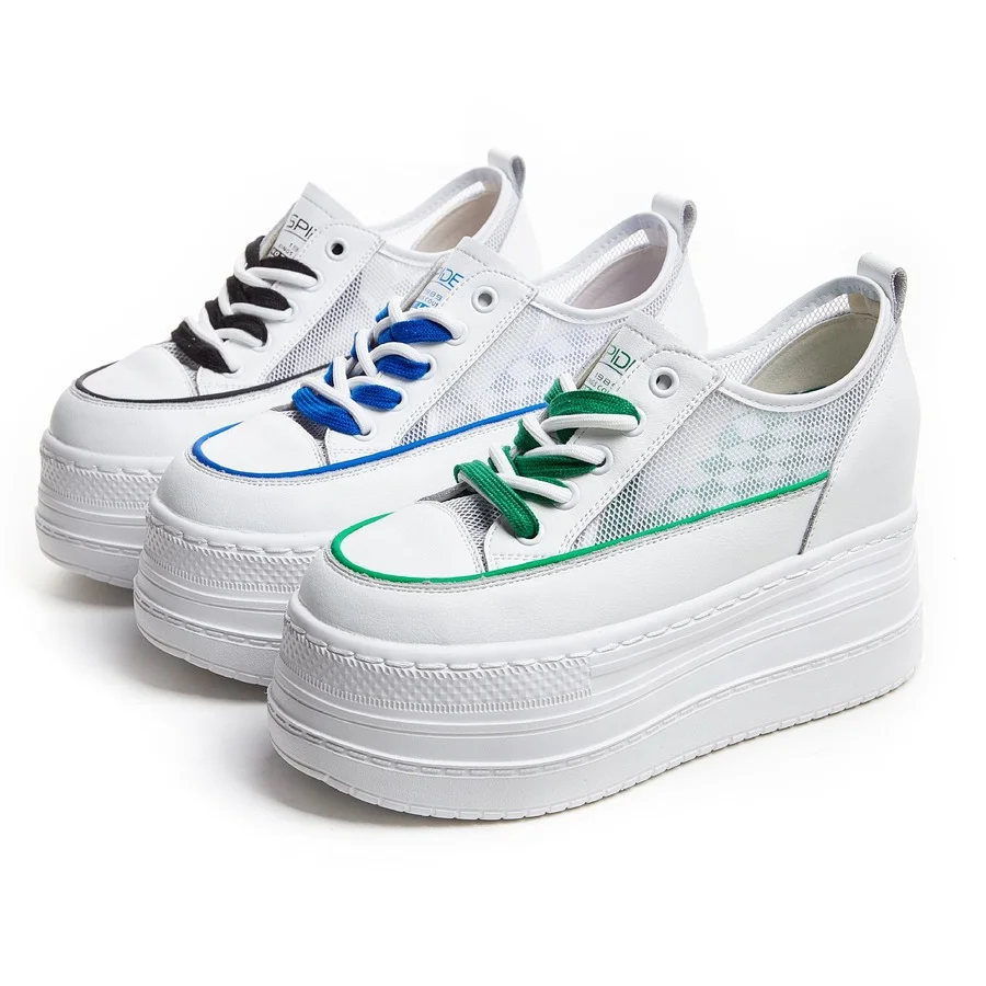 

9cm Air Mesh Full Cow Genuine Leather Women Summer Shoes Platform Sneakers Wedge Hidden Heel White Sneakers Women Shoes