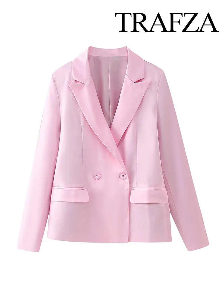 Женский Атласный Костюм с юбкой TRAFZA розовый двубортный пиджак и элегантная