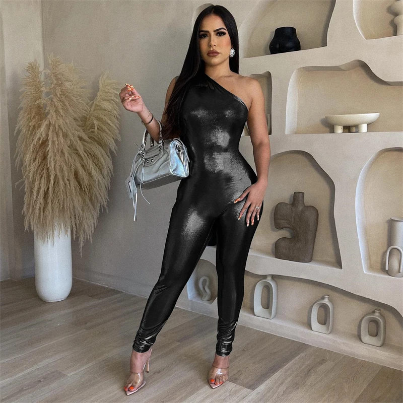 Y2K Metallic Gilding One Shoulder Jumpsuit Women's Skinny Sleeveless Romper for Summer Night Club Party