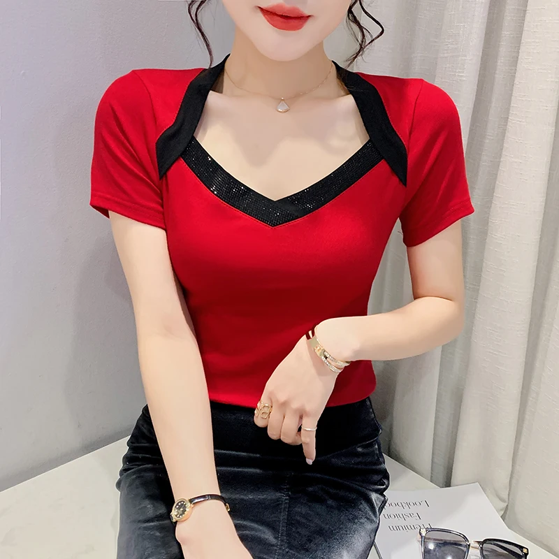 

Diamond-studded V Neck Cotton T Shirts Girls Summer Patchwork Short Sleeve Slim Fashion Tees Woman Tops