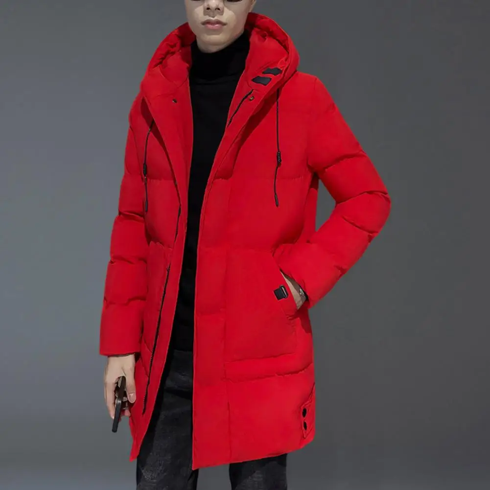 Men Jacket Cotton Padded Hooded Solid Color Long Sleeve Thicken Mid-length Windbreaker for Daily Wear