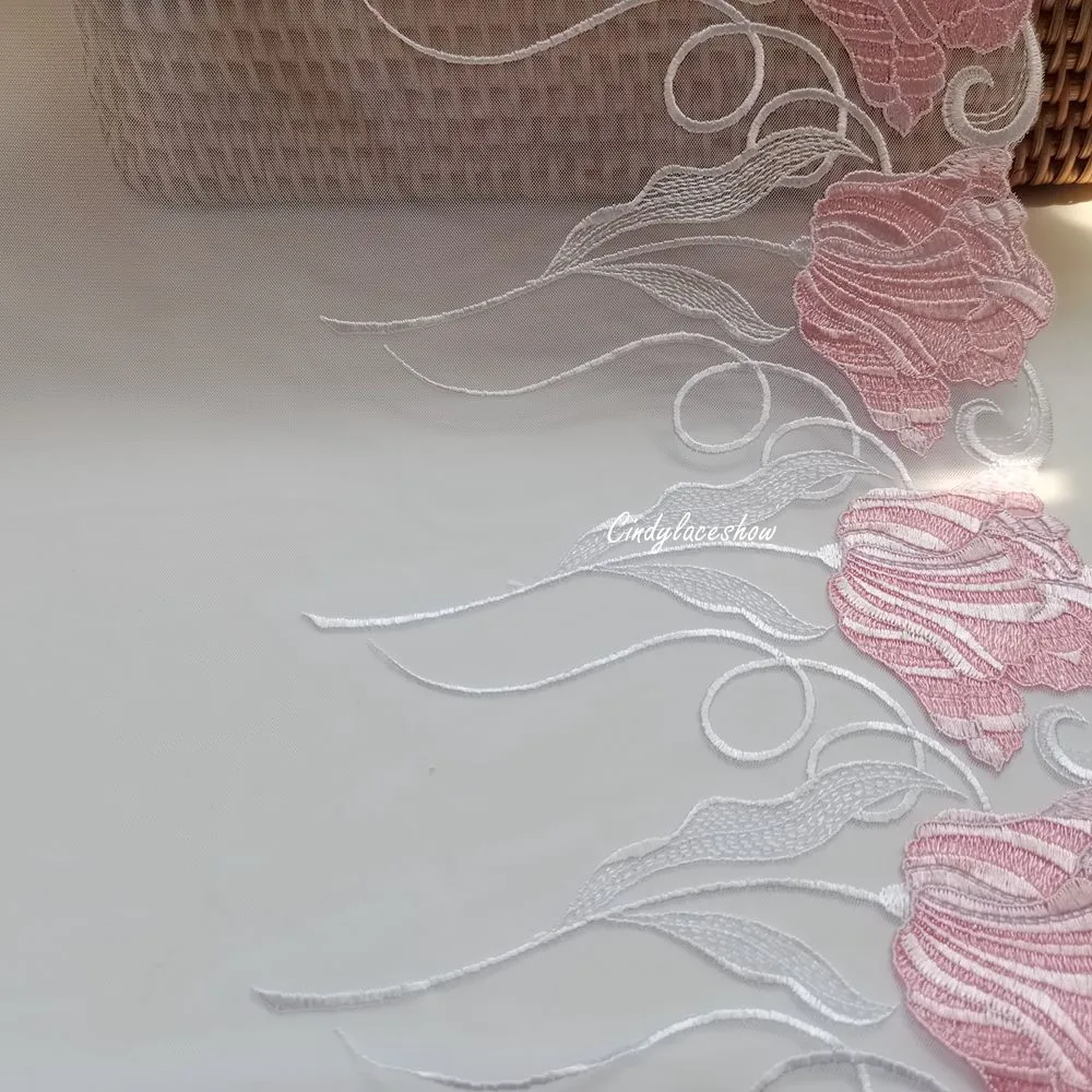 1 метр Ширина 24 см розовая большая Цветочная вышитая кружевная отделка белая