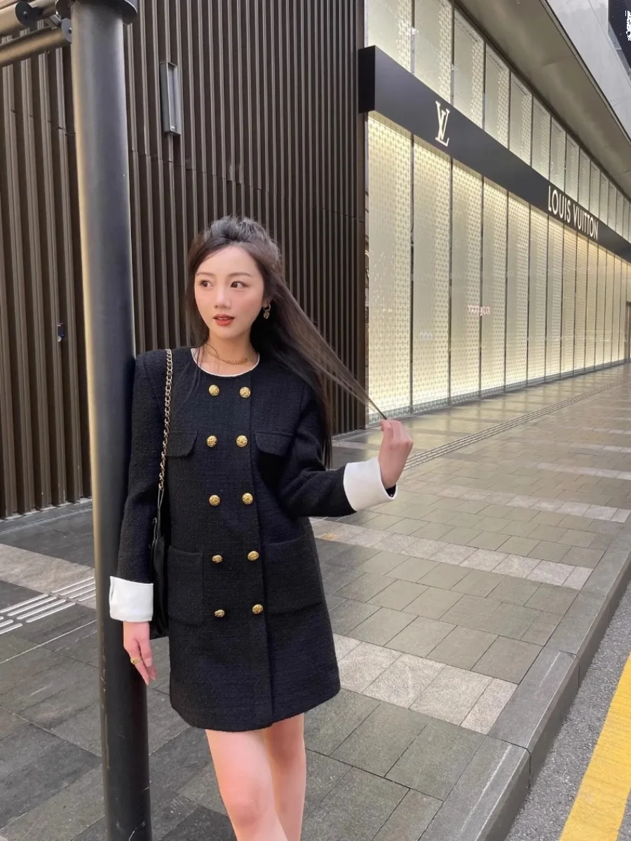 Plus Size Retro Double Breasted Black Dress Women 2024 Autumn and Winter Plus size Chubby Girl High-Grade Temperament Slimmin...