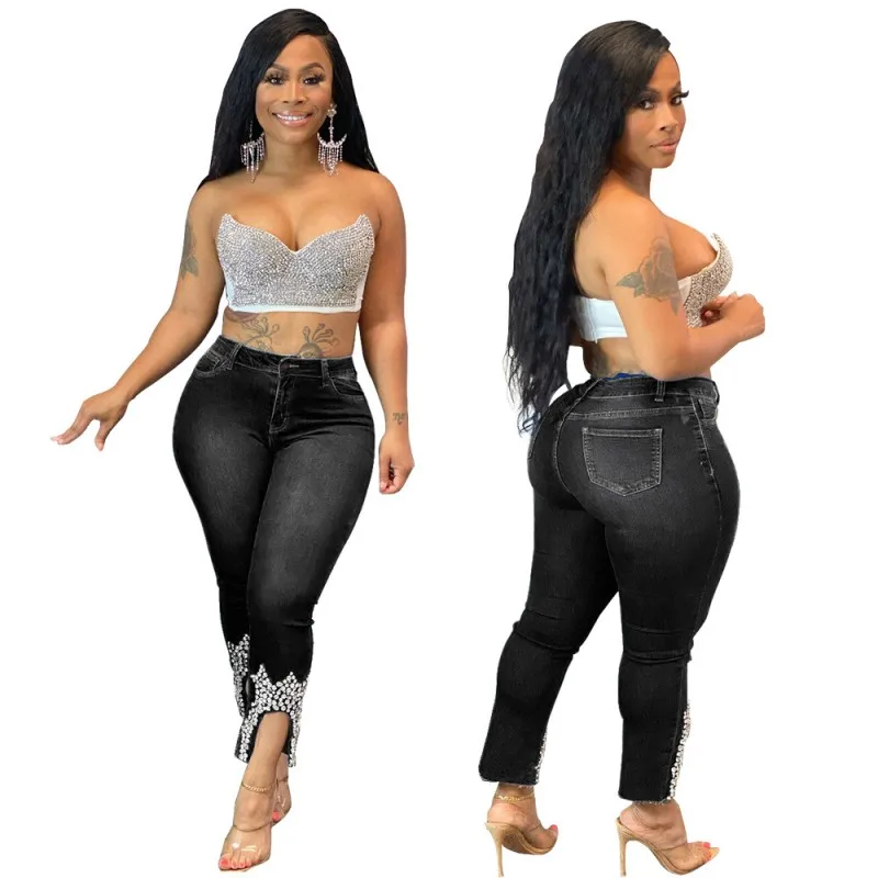 Fashion Denim Casual Skinny Pencil Trousers Solid Color Beaded Elastic Mid Rise Jeans Black Office Autumn And Winter New Style