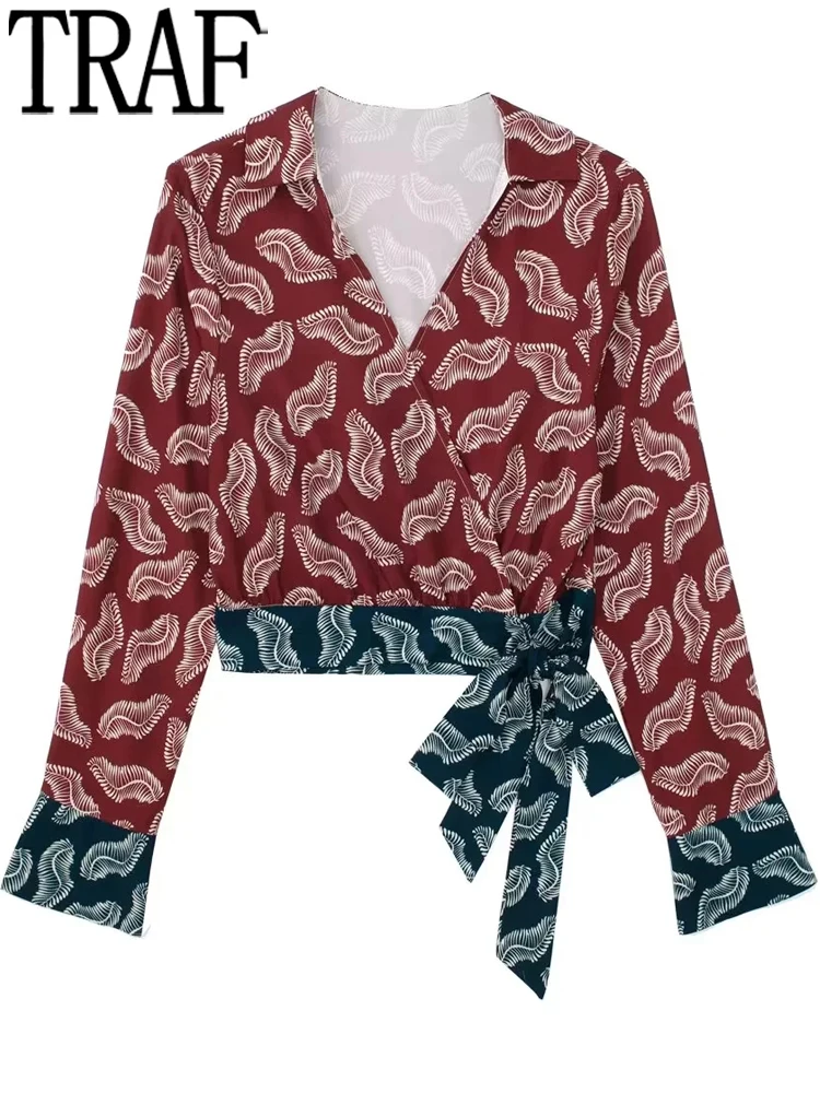 

TRAF Knot Crop Top Women Wrap Printed Vintage Top Female Long Sleeve Cropped Blouse Woman 2022 Streetweat Summer Blouse Suit