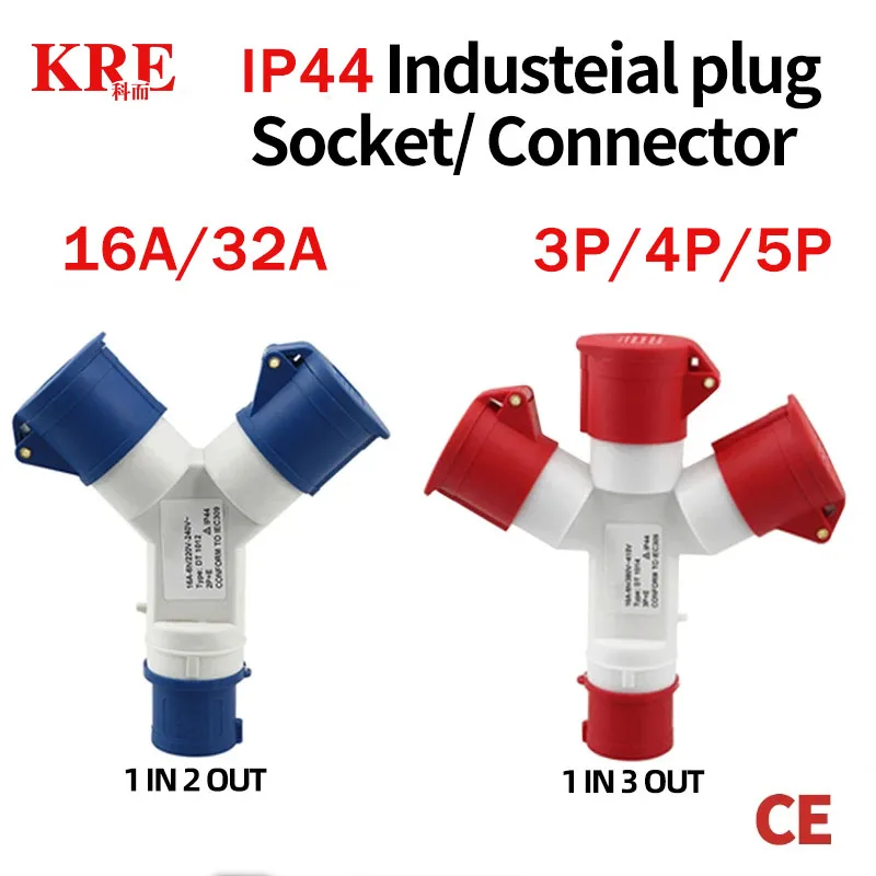 

KRE IP44 Waterproof Industrial Plug Three-Way Y-Type Socket 16A 32A 3 4 5 Pin Wiring and Three-Phase Electricity Connector 1013