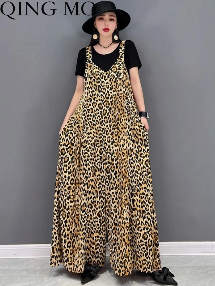 QING MO 2023 Summer New Fashion Casual Overalls Pants Women High Waist Wide Leg Pants Show Thin Leopard Print Female ZXF2193
