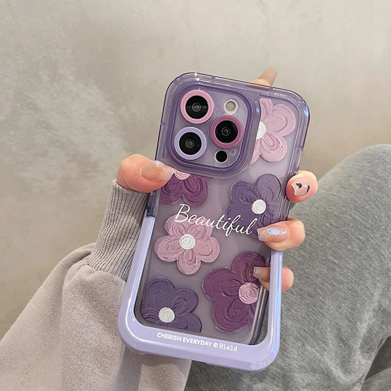 

Fashion Purple Folowers Invisible Bracket Stand Holder Case For iPhone 14 11 12 13 Pro Max 14 Plus Shockproof Phone Back Cover