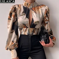 fashion woman blouses 2022 new arrival hot sale lantern sleeve printed vintage spring summer tops elegant backless lace up shirt