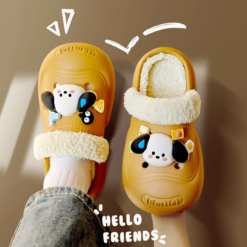 

Kawaii Sanrio Anime Cotton Slippers Cute Pochacco Keep Warm Non-Slip Soft Thick Bottom External Wearing Plush Slippers Boys Gift