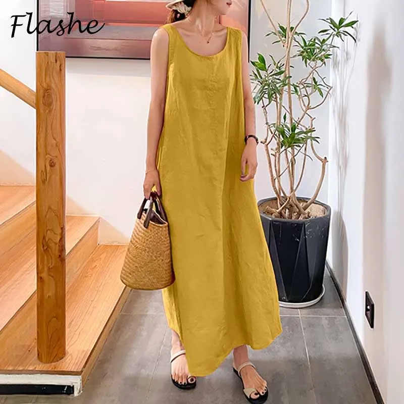 

Женский пляжный сарафан без рукавов, повседневное длинное платье макси с круглым вырезом и карманами, лето 2022