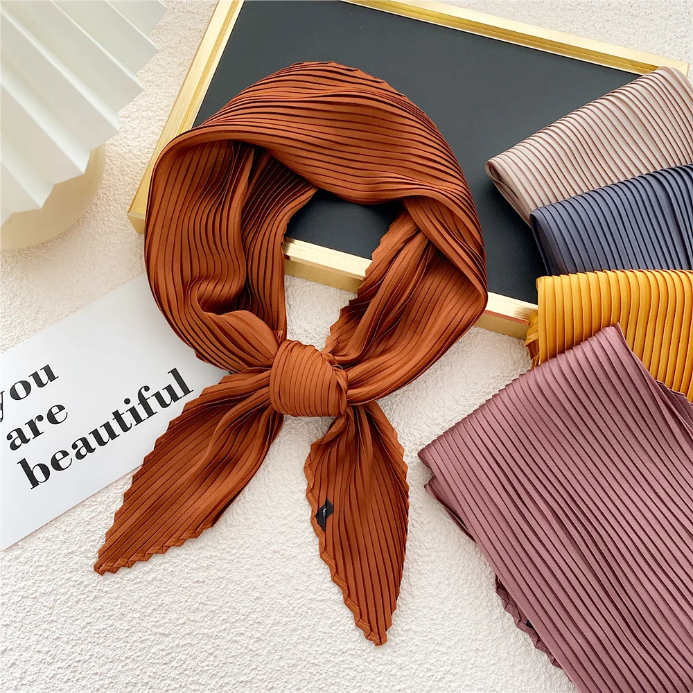 

70cm Soft Neckerchief Solid Color Decorative Headscarf Small Scarves Crinkled Hair Scarf Square Pleated Silk Scarf Satin Hijab