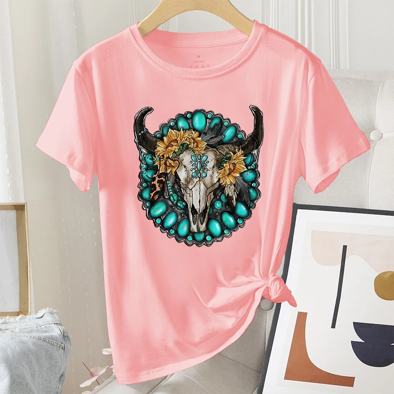 

Летняя женская Повседневная футболка, модная графическая винтажная женская футболка с коротким рукавом, принтом Greenstone Bovine Skull, женские топы...