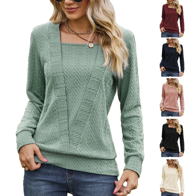 

Womens Shirt Summer Loose Casual Vintage Solid Color Square Neck Long Sleeve