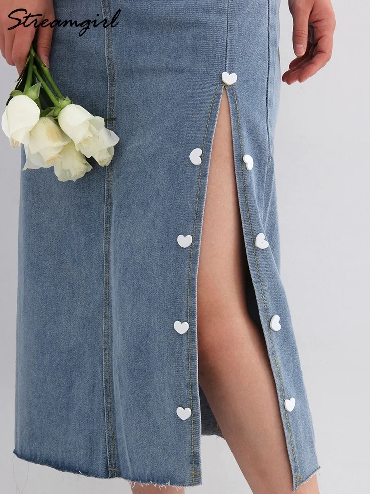 Blue Long Denim Skirts For Women Split Summer 2022 High Waist Heart Button Denim Skirt Maxi Bandage Jean Skirt Long Women Black