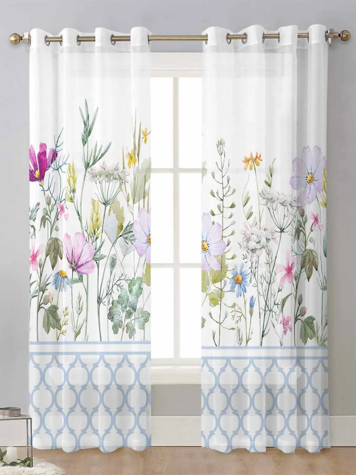 

Blue Morocco Spring Flower Wildflower White Sheer Curtains For Living Room Window Voile Tulle Curtain Cortinas Drapes Home Decor